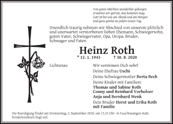 Traueranzeige von Heinz Roth von Dinkelsbühl/ Feuchtwangen