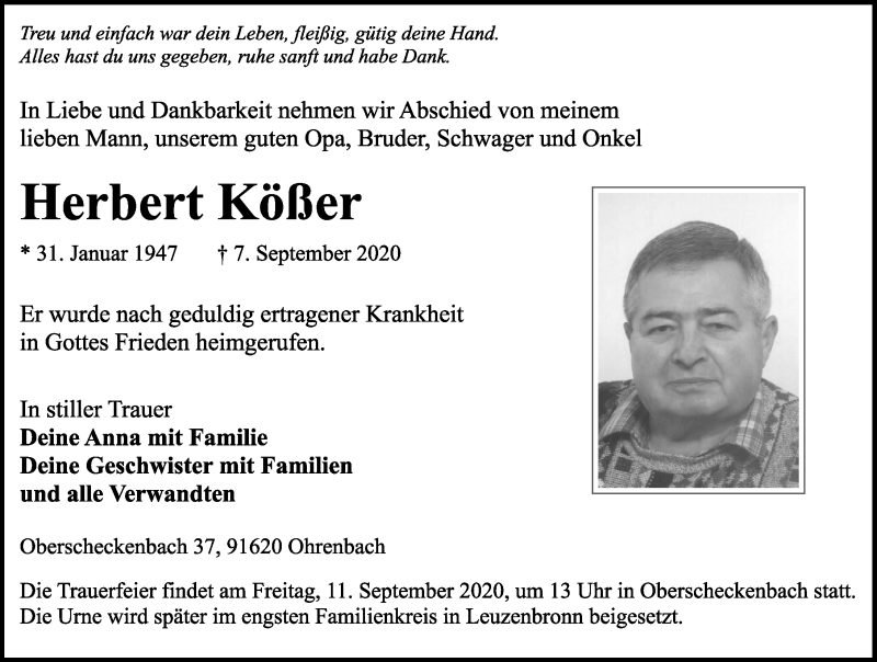  Traueranzeige für Herbert Kößer vom 09.09.2020 aus Rothenburg