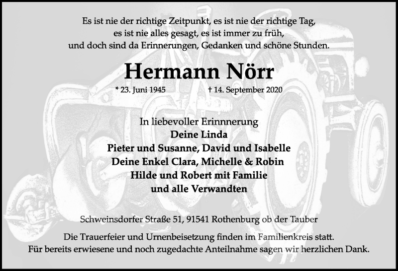  Traueranzeige für Hermann Nörr vom 18.09.2020 aus Rothenburg