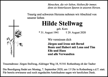 Traueranzeige von Hilde Stellwag von Rothenburg