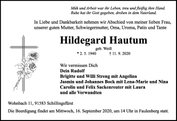 Traueranzeige von Hildegard Hautum von Rothenburg