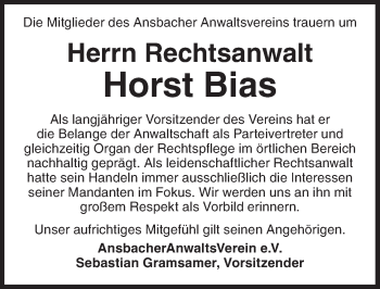 Traueranzeige von Horst Bias von Ansbach