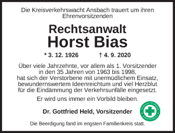 Traueranzeige von Horst Bias von Ansbach