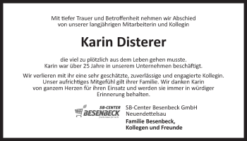 Traueranzeige von Karin Disterer von Ansbach