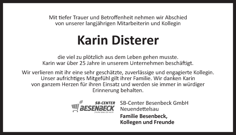  Traueranzeige für Karin Disterer vom 02.09.2020 aus Ansbach