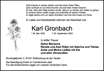 Traueranzeige von Karl Gronbach von Rothenburg