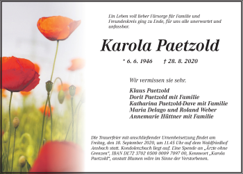 Traueranzeige von Karola Paetzold von Ansbach