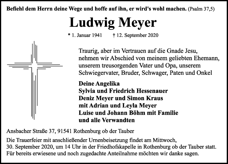  Traueranzeige für Ludwig Meyer vom 26.09.2020 aus Rothenburg