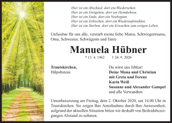 Traueranzeige von Manuela Hübner von Neustadt/ Scheinfeld/ Uffenheim