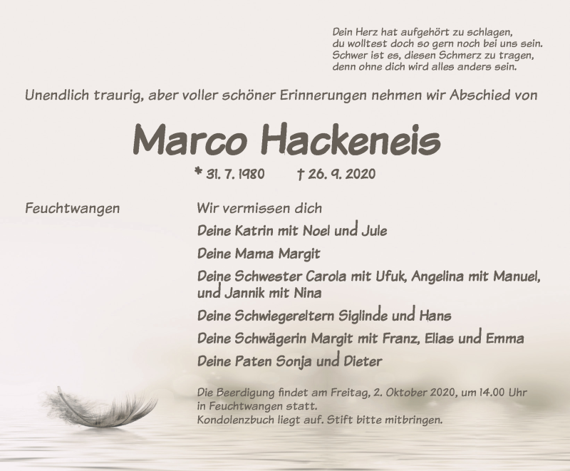  Traueranzeige für Marco HAckeneis vom 30.09.2020 aus Dinkelsbühl/ Feuchtwangen
