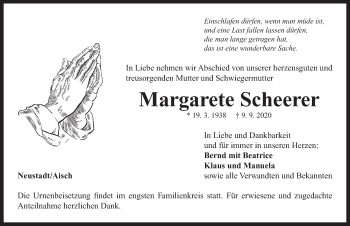 Traueranzeige von Margarete Scheerer von Neustadt/ Scheinfeld/ Uffenheim