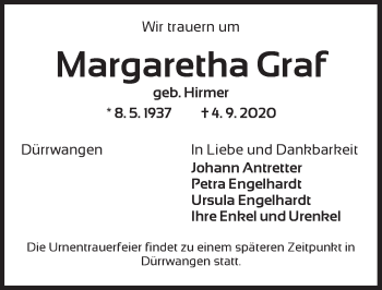 Traueranzeige von Margaretha Graf von Dinkelsbühl/ Feuchtwangen