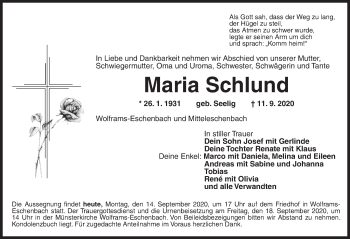 Traueranzeige von Maria Schlund von Ansbach