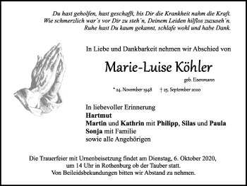 Traueranzeige von Marie-Luise Köhler von Rothenburg