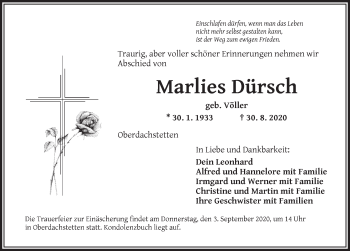 Traueranzeige von Marlies Dürsch von Ansbach