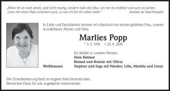 Traueranzeige von Marlies Popp von Neustadt/ Scheinfeld/ Uffenheim