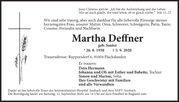 Traueranzeige von Martha Deffner von Ansbach