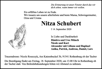 Traueranzeige von Nitza Schubert von Rothenburg