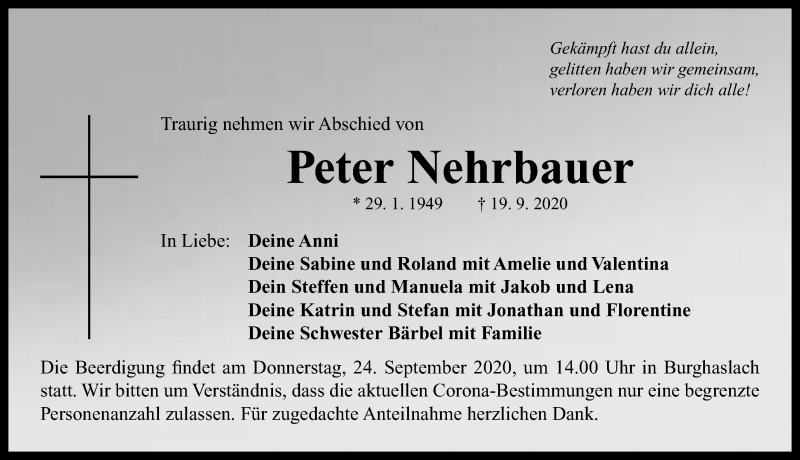  Traueranzeige für Peter Nehrbauer vom 23.09.2020 aus Neustadt/ Scheinfeld/ Uffenheim