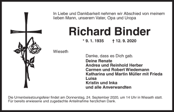 Traueranzeige von Richard Binder von Dinkelsbühl/ Feuchtwangen