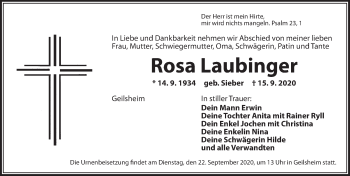 Traueranzeige von Rosa Laubinger von Dinkelsbühl/ Feuchtwangen