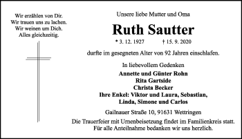 Traueranzeige von Ruth Sautter von Rothenburg