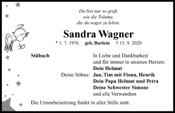 Traueranzeige von Sandra Wagner von Neustadt/ Scheinfeld/ Uffenheim