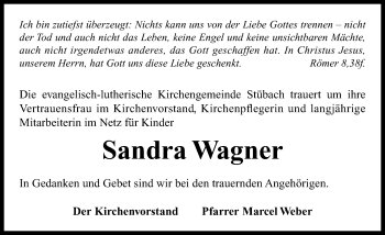 Traueranzeige von Sandra Wagner von Neustadt/ Scheinfeld/ Uffenheim