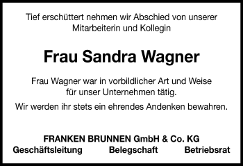 Traueranzeige von Sandra Wagner von Neustadt/ Scheinfeld/ Uffenheim