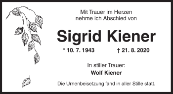 Traueranzeige von Sigrid Kiener von Ansbach