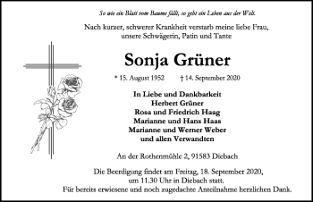 Traueranzeige von Sonja Grüner von Rothenburg