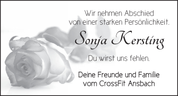 Traueranzeige von Sonja Kersting von Ansbach
