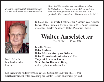 Traueranzeige von Walter Anselstetter von Neustadt/ Scheinfeld/ Uffenheim