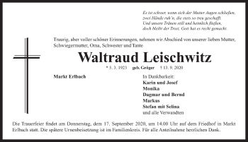 Traueranzeige von Waltraud Leischwitz von Neustadt/ Scheinfeld/ Uffenheim