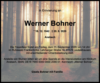 Traueranzeige von Werner Bohner von Ansbach