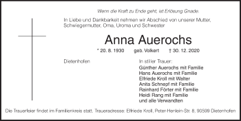 Traueranzeige von Anna Auerochs von Ansbach