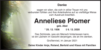 Traueranzeige von Anneliese Plomer von Ansbach