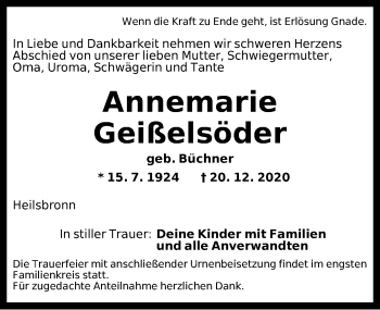 Traueranzeige von Annemarie Geißelsöder von Ansbach