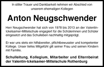 Traueranzeige von Anton Neugschwender von Rothenburg