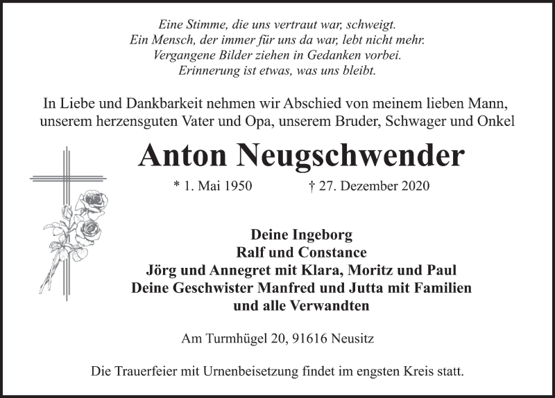  Traueranzeige für Anton Neugschwender vom 02.01.2021 aus Rothenburg