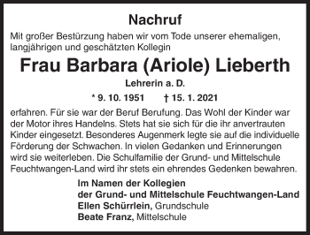 Traueranzeige von Barbara Ariole Lieberth von Dinkelsbühl/ Feuchtwangen