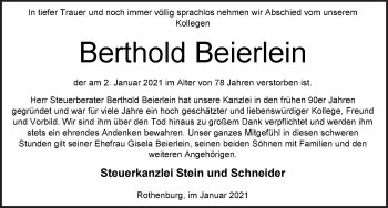 Traueranzeige von Berthold Beierlein von Rothenburg