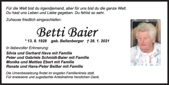 Traueranzeige von Betti Baier von Ansbach