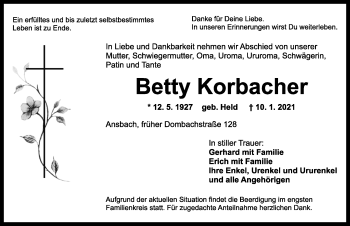 Traueranzeige von Betty Korbacher von Ansbach