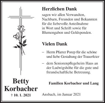 Traueranzeige von Betty Korbacher von Ansbach