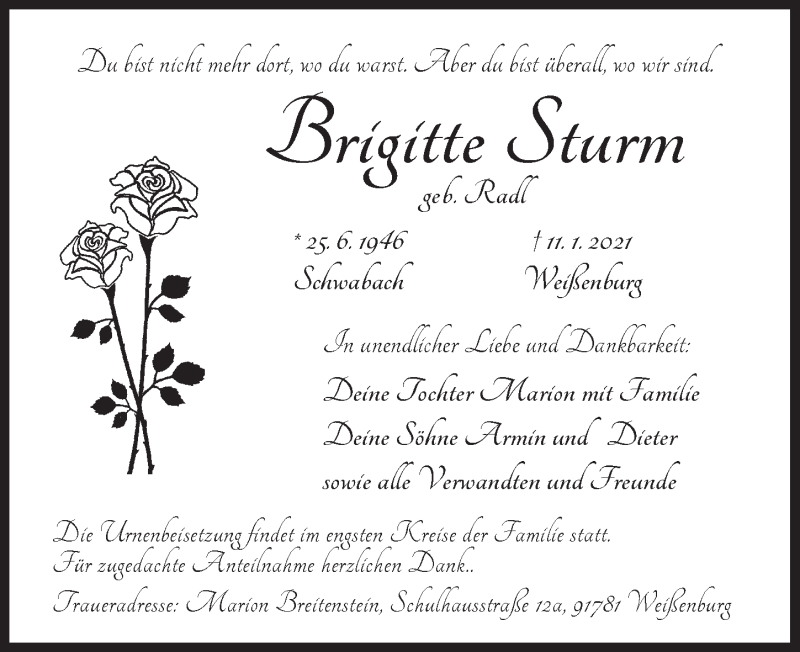  Traueranzeige für Brigitte Sturm vom 19.01.2021 aus GE