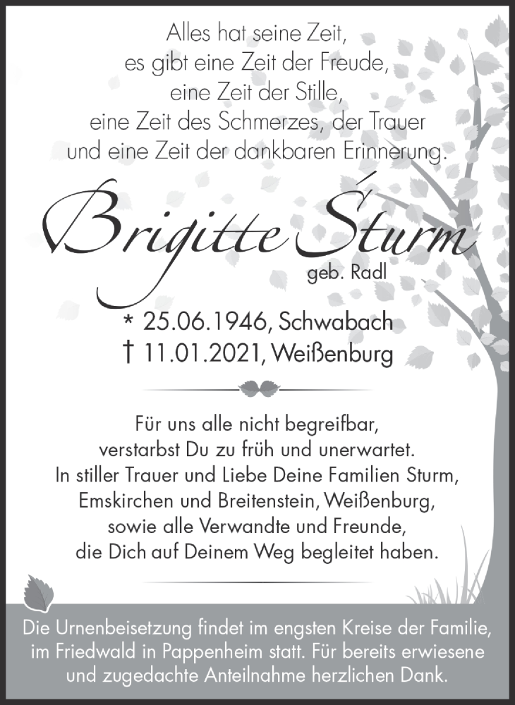  Traueranzeige für Brigitte Sturm vom 27.01.2021 aus Neustadt/ Scheinfeld/ Uffenheim
