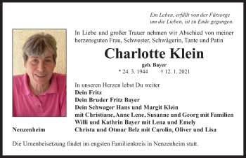 Traueranzeige von Charlotte Klein von Neustadt/ Scheinfeld/ Uffenheim