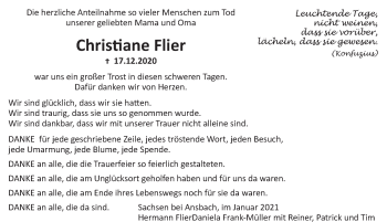 Traueranzeige von Christiane Flier von Ansbach