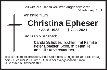 Traueranzeige von Christina Epheser von Ansbach